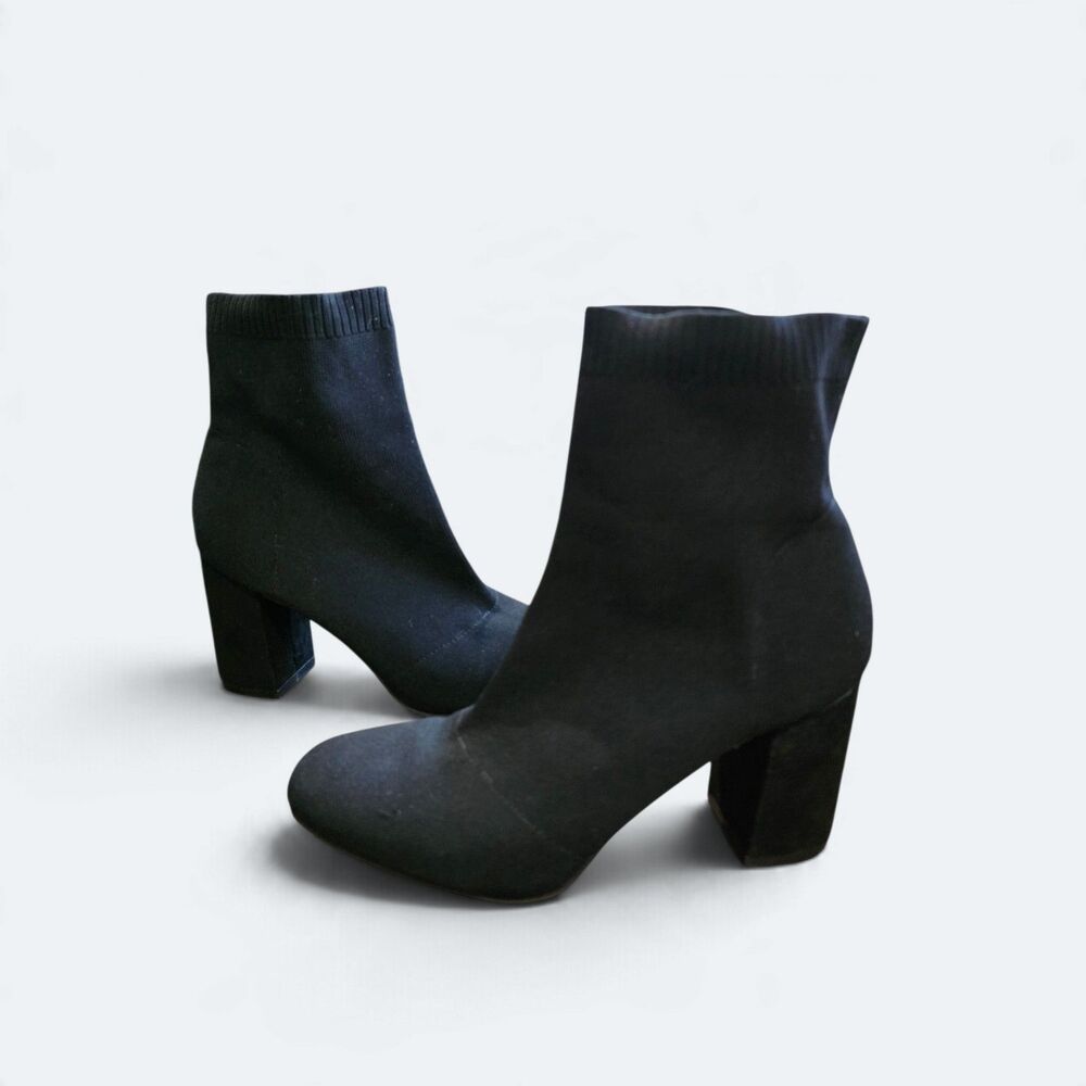MIA Erika Black Fly Knit Sock Booties Block Heel Ankle Boots Size 7.5 M